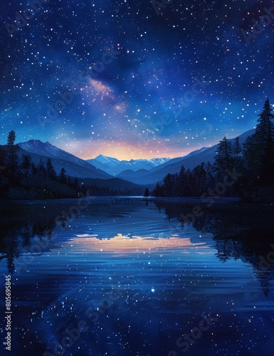 The stunning night sky view with a beautiful lake and mountains in the background will take your breath away.