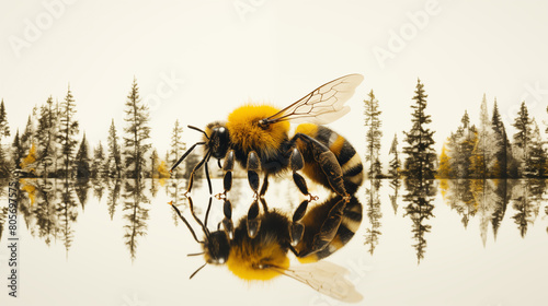 Double Exposure, white background, Plump Bumblebee illustration in front of a forest ~ Created using Generative AI
