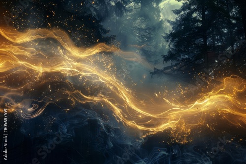 ethereal golden flames intertwining in moonlit forest abstract background