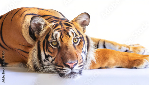 Orange Bengal tiger - Panthera tigris - is the largest living cat species and a member of the genus Panthera native to Asia, laying looking at camera front face view isolated on white background