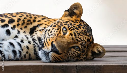 Leopard - Panthera pardus- is one of the five extant species in the genus Panthera. It has a pale yellowish to dark golden fur with dark spots grouped in rosettes. Laying face view facing camera