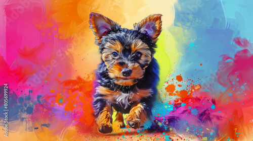 yorkshire terrier puppy running in colorful pop art comic style painting illustration.