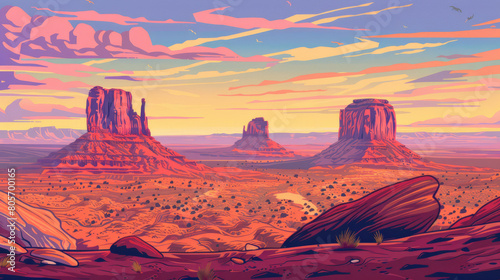 Beautiful scenic view of Monument Valley, Arizona and Utah in the United states of America. Colorful comic style painting illustration.
