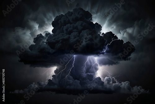 Black storm clouds with lightnings and smoke isolated on black and white background