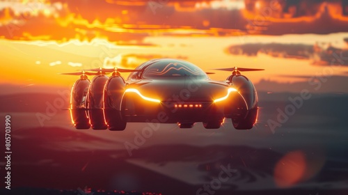 Electric Flying Car Soaring Autonomously with Headlights in Sunset Glow
