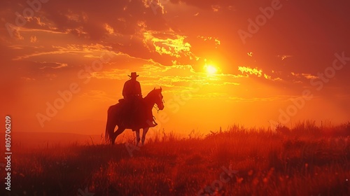 Desert Sunset Silhouette: Lone Cowboy and Trusty Steed