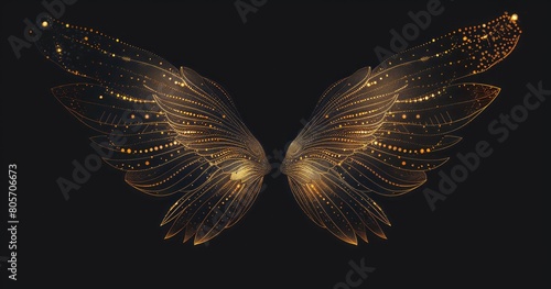 A black background with two golden wings made of dots, symmetrical composition, minimalist style, and soft lighting create an elegant atmosphere
