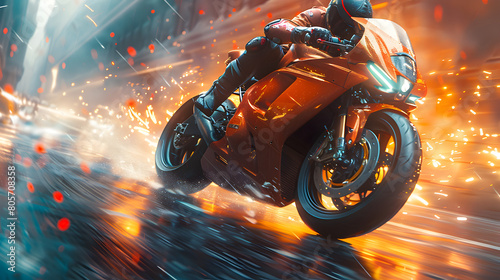A motorcycle rider on a red motorcycle moving fast Fantasy concept