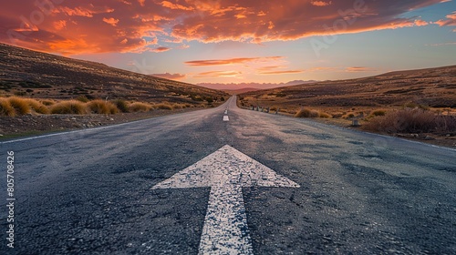 A straight road with an arrow painted on it leading to the horizon, symbolizing goal setting and achievement. copy space for text.