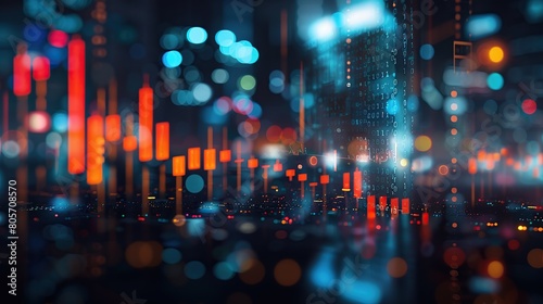 Abstract glowing big data forex candlestick chart on blurry city backdrop. Trade, technology, investment and analysis concept. copy space for text.