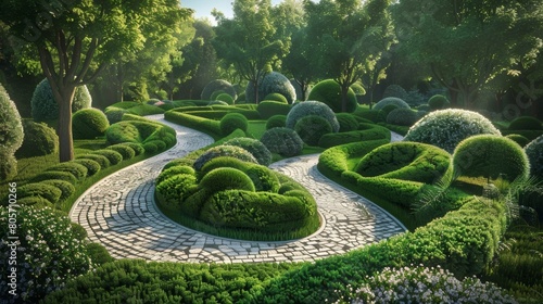 A winding pathway is dotted with topiaries shaped like different gauge bosons making for a playful and educational walk.