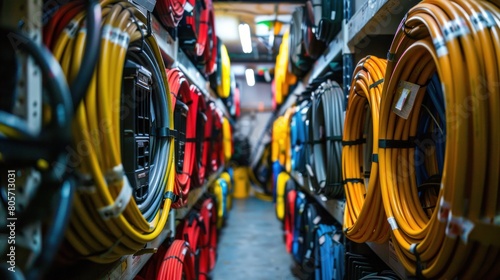 Highlight the neat arrangement of cables in the storage room
