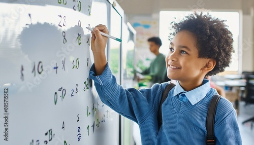 小学校の授業中、ホワイトボードで数学の課題の解答をする少年のポートレート