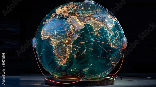 Globe with Trade Routes Connecting Rare Earth Suppliers and Consumers Create a conceptual photo with a globe showing highlighted trade routes from major rare earth suppliers to key consumer countries