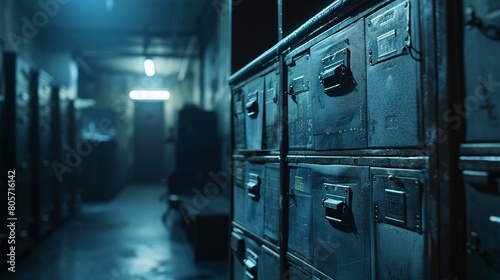 Locked Filing Cabinet in a Dim Room Capture a locked filing cabinet in a dimly lit room, hinting at the confidential and protected information that businesses must keep hidden