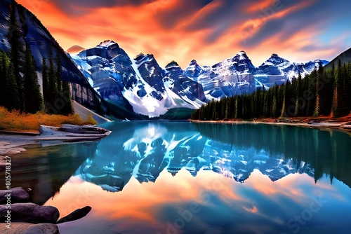 Banff National Park beautiful landscape. Moraine Lake in summer time. Alberta, Canada. Canadian Rockies nature scenery.