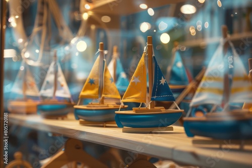 wooden toy sailboats displayed in a showcase decoration concept digital illustration