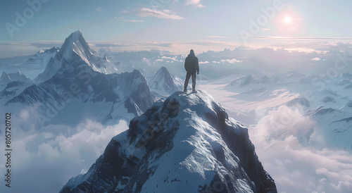 a man standing at the top of a snowy mountain