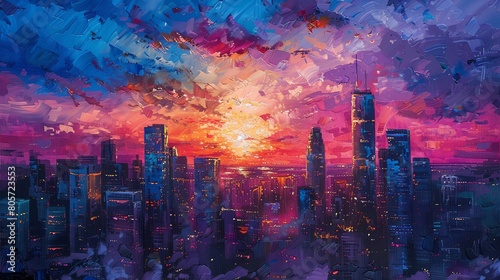 Capture a dynamic cityscape at dusk, utilizing acrylics to enhance the bold contrast of skyscrapers against the colorful sunset Showcase the vibrancy and movement of a bustling urban scene