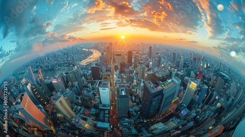 Capture the bustling cityscape below in a mesmerizing aerial view fish-eye lens effect Show the vibrant streets, towering buildings, and flowing rivers with a digital rendering technique