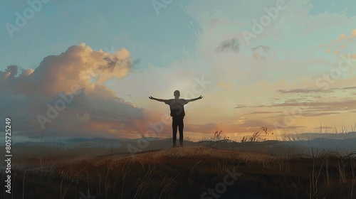 The photo shows a man standing alone in a field, with his arms outstretched