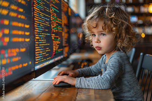 Child learning to code on a computer. Little girl in front of computer monitor. The thrill of accomplishment as she conquers coding challenges.