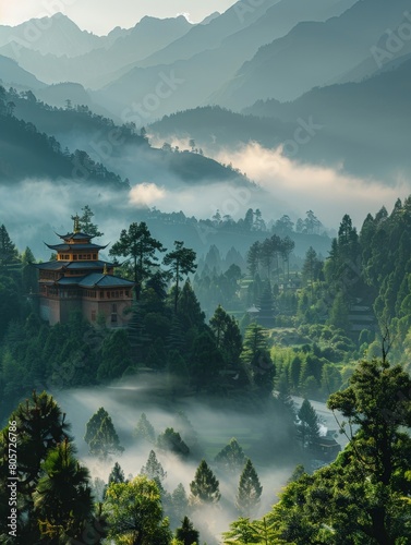 Morning light in Shangri La: A serene and tranquil moment in the heart of the Himalayas.