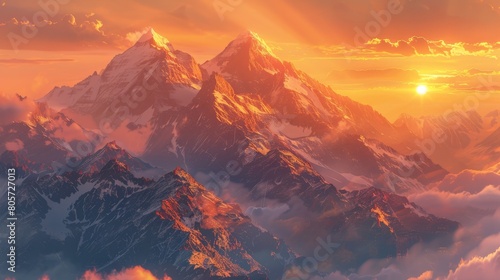 Sunrise over the peaks of Shangri La, casting a golden glow over the Himalayan landscape.
