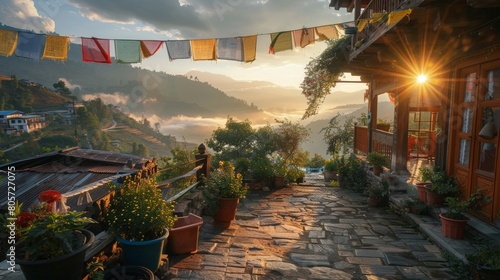 Morning light in Shangri La: A serene and tranquil atmosphere in the Himalayas.