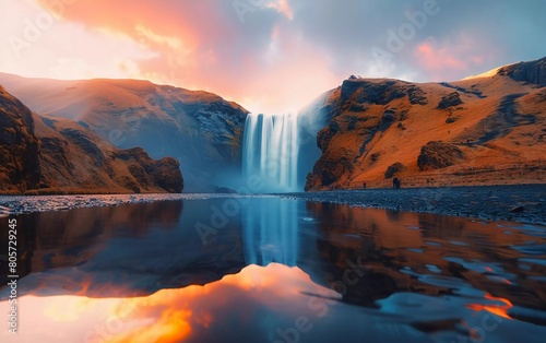  Icelandic Landscape. Classic long exposure view of the famous Skogafoss waterfall with reflections. Dramatic view of Iceland at sunset. very impressive view
