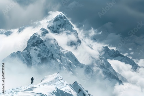 Snowy Mountain Peak Conquered by a Lone Climber Basking in the Triumph
