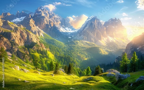 Beautiful alpine countryside. Awesome Alpine plateau on a sunny day. Beautiful Natural View of the Dolomites Alps