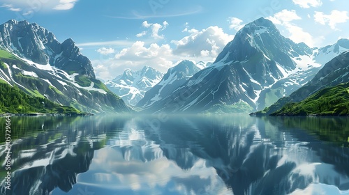 SnowCapped Peaks Serenely Reflected in a Tranquil Mountain Lake