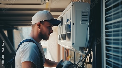 Knowledgeable repairman diagnosing and fixing a faulty circuit board in an AC system