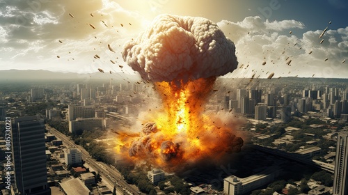 Explosion of nuclear bomb in the city. Nuclear war threat concept.