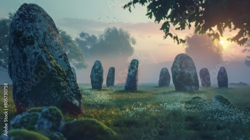 The ancient stone circle stands in a field at dawn. The stones are covered in moss and lichen.