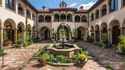 The image shows a beautiful courtyard with a fountain in the middle. The courtyard is surrounded by a walkway with arches and columns.