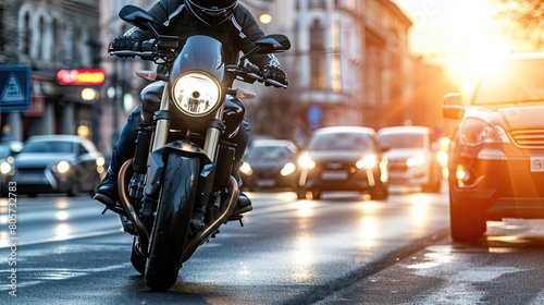 In the heart of the urban landscape, the motorcyclist rides with intensity, embodying the spirit of urban exploration and adventure. Cropped picture.