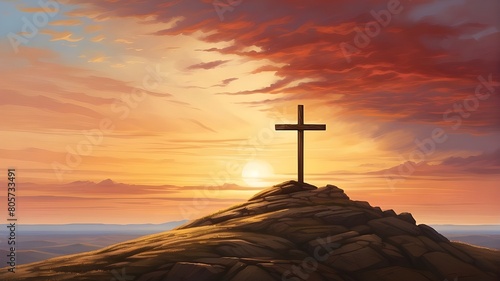 innovative idea for a religion. Cross over a mountainous hill, Shadow Play Christian cross atop a mountain with a backdrop of sunlight, trust in the person of Jesus. Christianity. worship in churches,