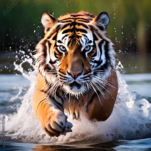 Siberian tiger, Panthera tigris altaica, low angle photo direct face view, running in the water directly at camera with water splashing around. Attacking predator in action. Tiger in taiga ..
