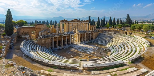 Roman amphitheater at the ruins of Hierapolis, in Pamukkale, Türkiye. UNESCO world heritage in Türkiye.