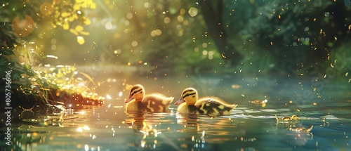 Lovely young yellow ducklings joyfully frolicking by a luminescent, intoxicating pond point lovely sun radiant tumbling over the water and space, Generative AI.