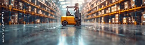 Logistics distribution center, Forklift in retail warehouse filled with shelves with products in cardboard boxesEfficient Warehouse Logistics: Orange Forklift for Storage and Transportation