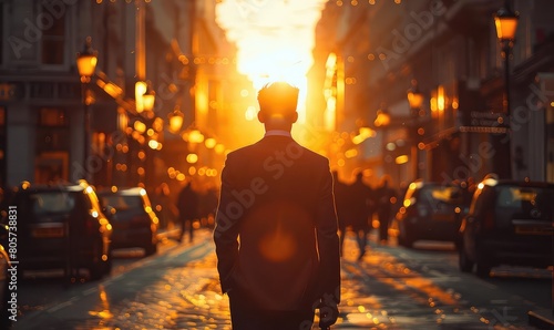 A man in a suit walks down a city street at sunset