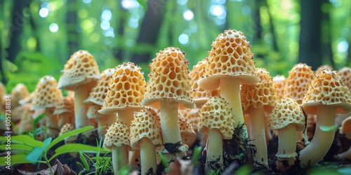An in-depth view of an array of gigantic lovely edible wild morel mushrooms sprouting in a bare woodlands, with verdant greenery in the setting and space, Generative AI.