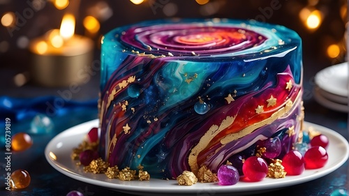 A cake for a birthday that had a colorful galaxy design with dropping colors and tasty glitter for stars, Beautiful birthday or wedding cake with buttercream flowers decorating it.