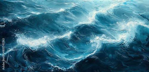 Aerial view of the ocean, with shades of blue and white waves, creating an abstract background