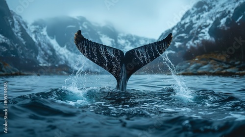 A portrait of a tail of an orca coming out of the blue sea with a big space for text or advertisement background, Generative AI.