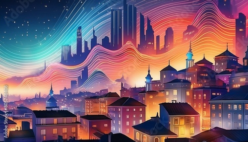 high quality, beautiful and fantastically designed silhouettes of colorful city buildings and landmarks due to gravitational waves, beautifully designed wavelengths