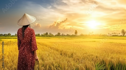Amidst the rice field, an Asian woman stands as a guardian of tradition, her hands gently cradling the harvest that sustains generations